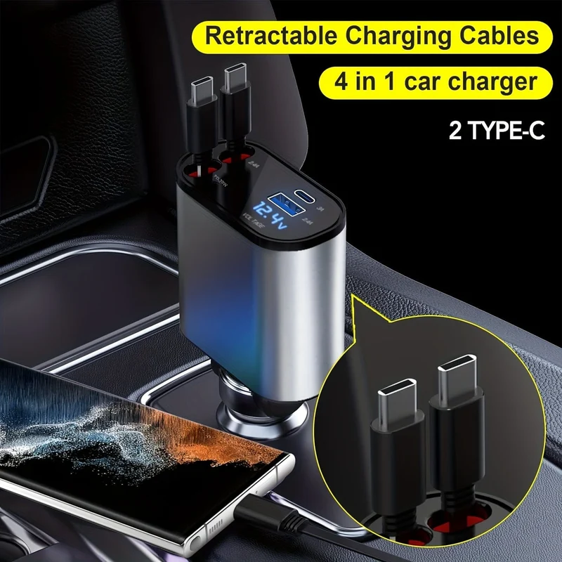 Autoladegerät 4 in 1 mit zwei einziehbaren Kabeln, zwei Anschlüssen, USB C PD, Schnelllade-Autostecker-Adapter mit Spannungsanzeige