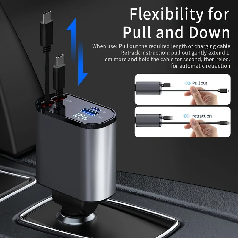 Autoladegerät 4 in 1 mit zwei einziehbaren Kabeln, zwei Anschlüssen, USB C PD, Schnelllade-Autostecker-Adapter mit Spannungsanzeige