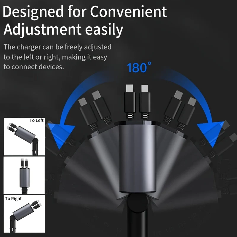 Autoladegerät 4 in 1 mit zwei einziehbaren Kabeln, zwei Anschlüssen, USB C PD, Schnelllade-Autostecker-Adapter mit Spannungsanzeige