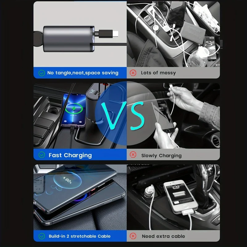 Autoladegerät 4 in 1 mit zwei einziehbaren Kabeln, zwei Anschlüssen, USB C PD, Schnelllade-Autostecker-Adapter mit Spannungsanzeige