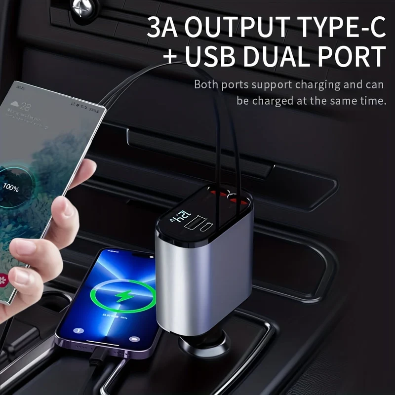 Autoladegerät 4 in 1 mit zwei einziehbaren Kabeln, zwei Anschlüssen, USB C PD, Schnelllade-Autostecker-Adapter mit Spannungsanzeige