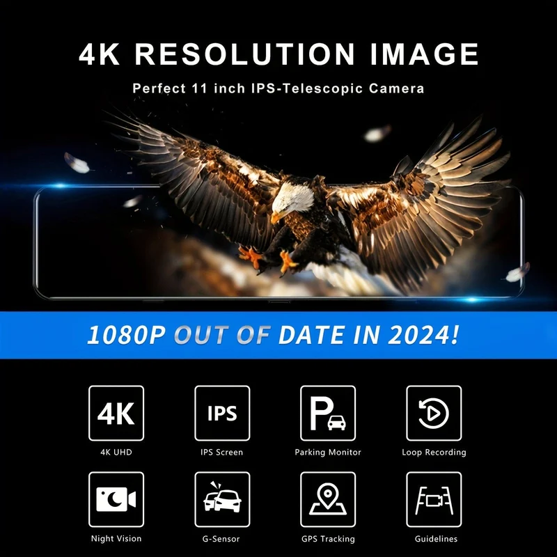 4K-Spiegel-Dashcam vorne und hinten, Rückspiegelkamera für Autos und LKWs mit 27.94 cm IPS-Touchscreen, Rückfahrkamera mit Typ-C, Starvis-Sensor
