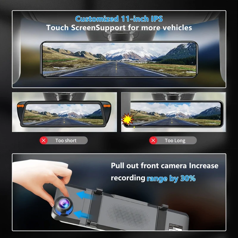 4K-Spiegel-Dashcam vorne und hinten, Rückspiegelkamera für Autos und LKWs mit 27.94 cm IPS-Touchscreen, Rückfahrkamera mit Typ-C, Starvis-Sensor