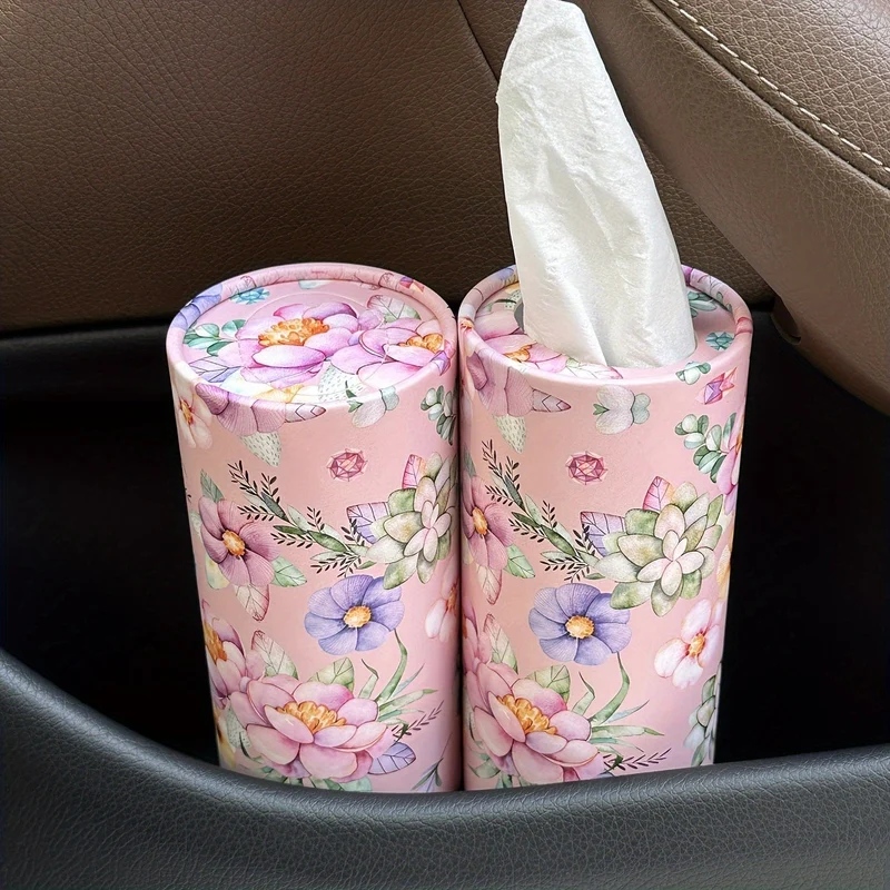 1 Stück Blumen-Taschentuchbox fürs Auto mit Kosmetiktüchern – Reisetaschentuch-Zylinderröhre für den Getränkehalter im Auto, runde Taschentuchhülle für den Esstisch zu Hause