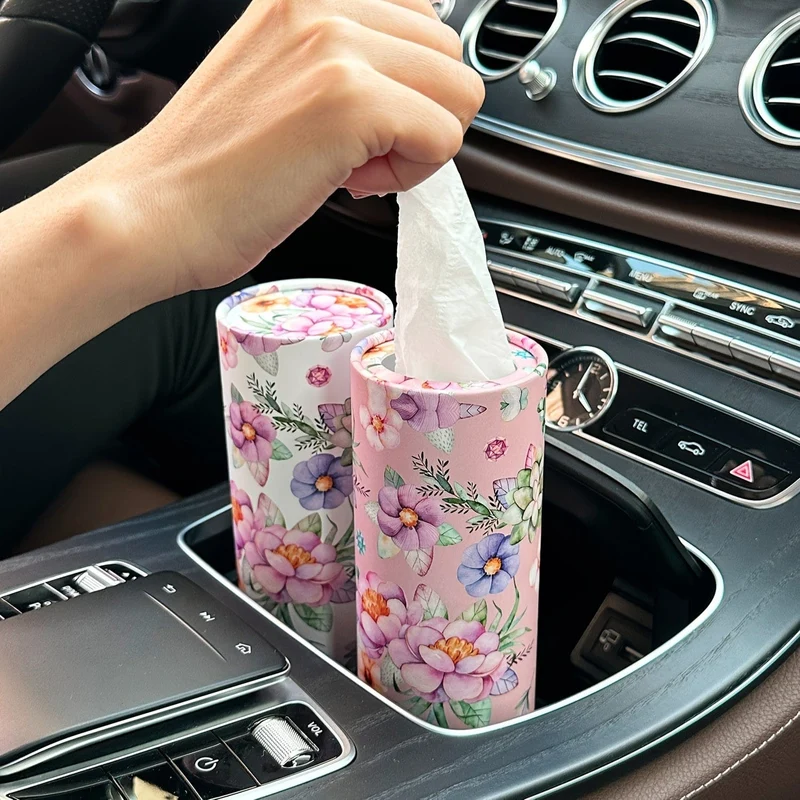 1 Stück Blumen-Taschentuchbox fürs Auto mit Kosmetiktüchern – Reisetaschentuch-Zylinderröhre für den Getränkehalter im Auto, runde Taschentuchhülle für den Esstisch zu Hause