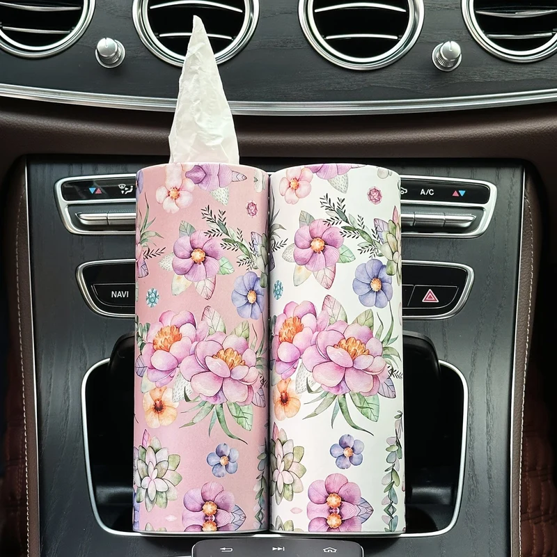1 Stück Blumen-Taschentuchbox fürs Auto mit Kosmetiktüchern – Reisetaschentuch-Zylinderröhre für den Getränkehalter im Auto, runde Taschentuchhülle für den Esstisch zu Hause