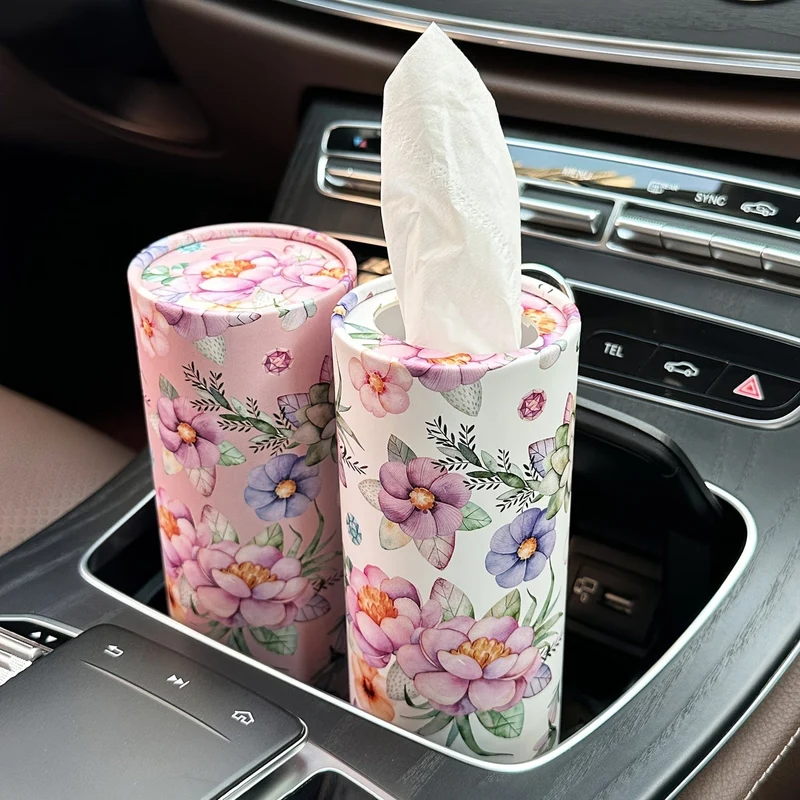 1 Stück Blumen-Taschentuchbox fürs Auto mit Kosmetiktüchern – Reisetaschentuch-Zylinderröhre für den Getränkehalter im Auto, runde Taschentuchhülle für den Esstisch zu Hause