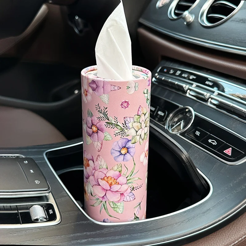 1 Stück Blumen-Taschentuchbox fürs Auto mit Kosmetiktüchern – Reisetaschentuch-Zylinderröhre für den Getränkehalter im Auto, runde Taschentuchhülle für den Esstisch zu Hause