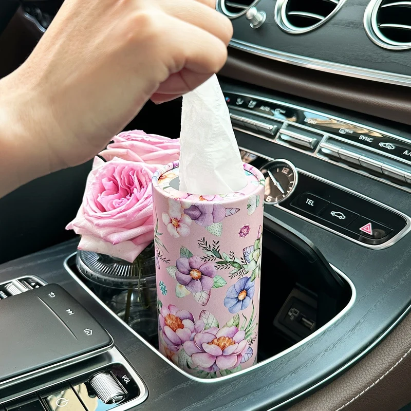 1 Stück Blumen-Taschentuchbox fürs Auto mit Kosmetiktüchern – Reisetaschentuch-Zylinderröhre für den Getränkehalter im Auto, runde Taschentuchhülle für den Esstisch zu Hause