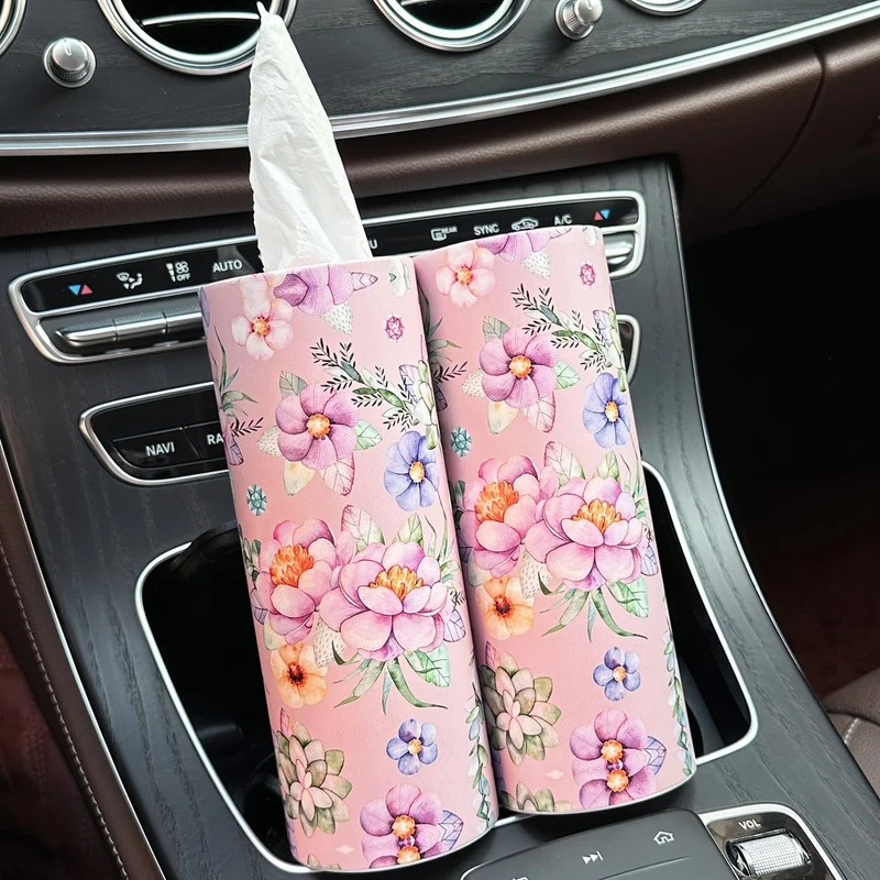 1 Stück Blumen-Taschentuchbox fürs Auto mit Kosmetiktüchern – Reisetaschentuch-Zylinderröhre für den Getränkehalter im Auto, runde Taschentuchhülle für den Esstisch zu Hause