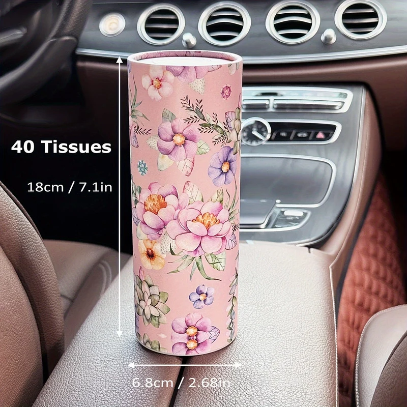 1 Stück Blumen-Taschentuchbox fürs Auto mit Kosmetiktüchern – Reisetaschentuch-Zylinderröhre für den Getränkehalter im Auto, runde Taschentuchhülle für den Esstisch zu Hause