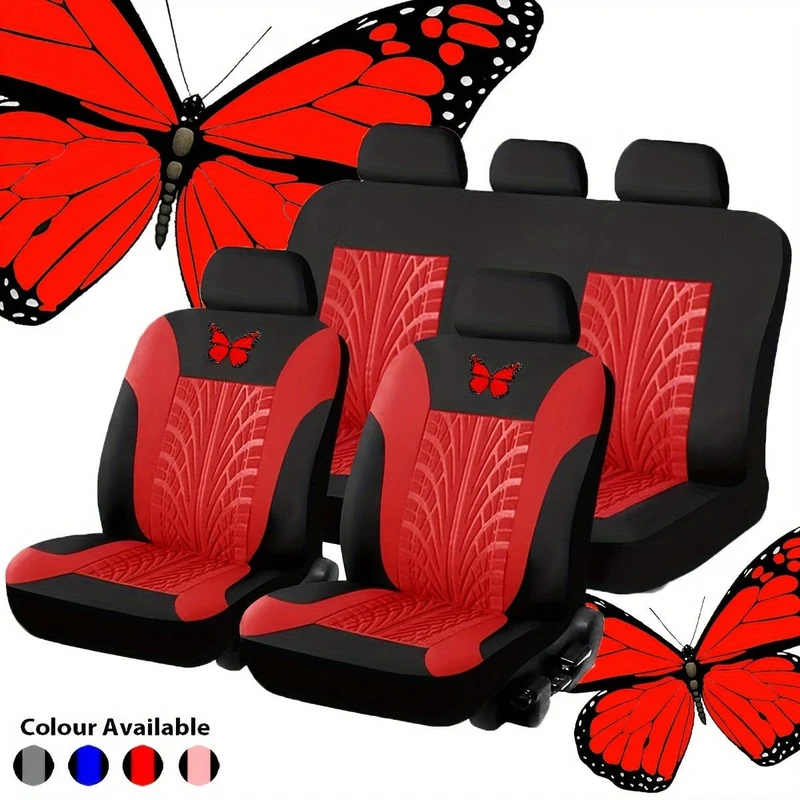 Komplettset für Autositzbezüge, rotes, universelles Set mit Schmetterlingsmuster-Stickerei