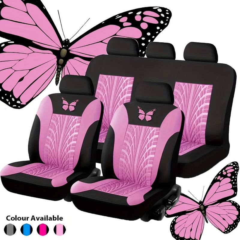 Komplettset für Autositzbezüge, rotes, universelles Set mit Schmetterlingsmuster-Stickerei