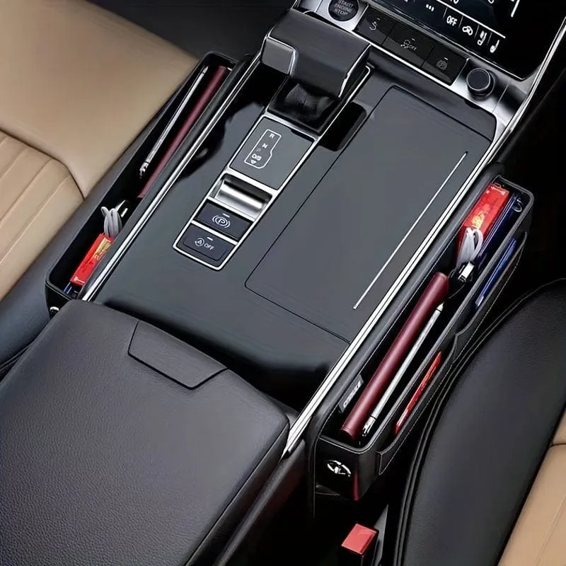 Auto-PU-Leder-Aufbewahrungsbox, Haupt-Beifahrer-Aufbewahrungstasche für mehrere Karten, verstellbare Spaltpolsterung für den Vordersitz, für Mobiltelefone, Karten, Schlüssel, Geldbörsen