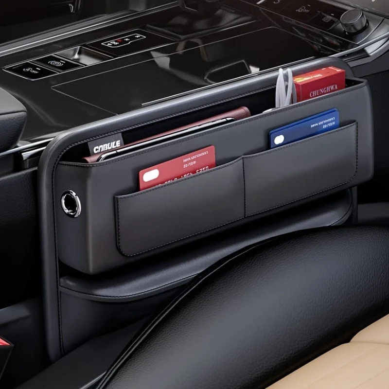 Auto-PU-Leder-Aufbewahrungsbox, Haupt-Beifahrer-Aufbewahrungstasche für mehrere Karten, verstellbare Spaltpolsterung für den Vordersitz, für Mobiltelefone, Karten, Schlüssel, Geldbörsen