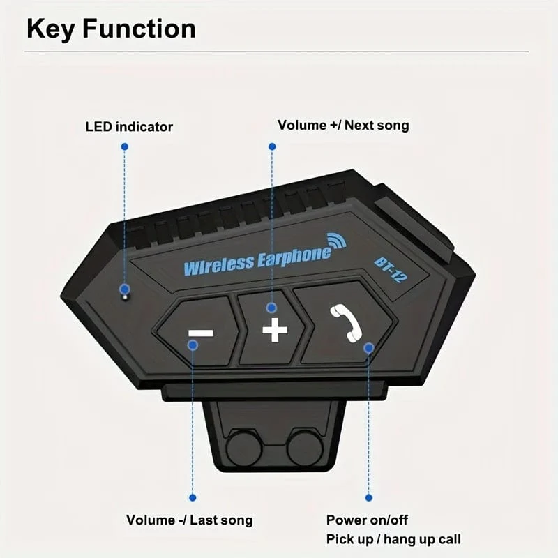 Wireless 12, Kabelloses Motorradhelm-Kopfhörer-Headset, Freisprecheinrichtung, Stereo-Lautsprecher mit wasserdichtem Musik-Player, Weihnachtsgeschenk