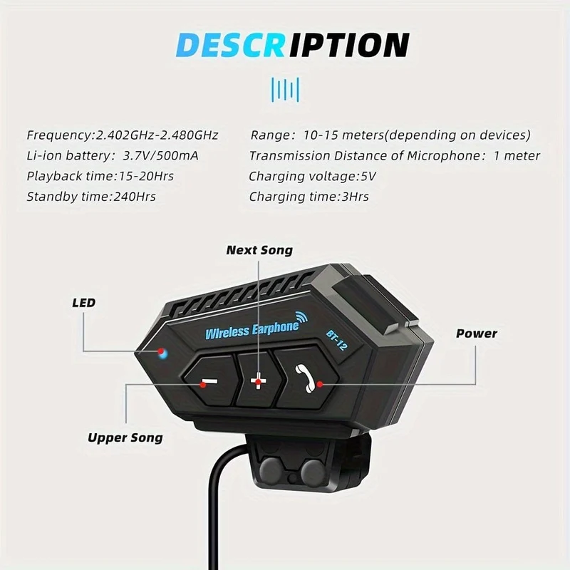 Wireless 12, Kabelloses Motorradhelm-Kopfhörer-Headset, Freisprecheinrichtung, Stereo-Lautsprecher mit wasserdichtem Musik-Player, Weihnachtsgeschenk