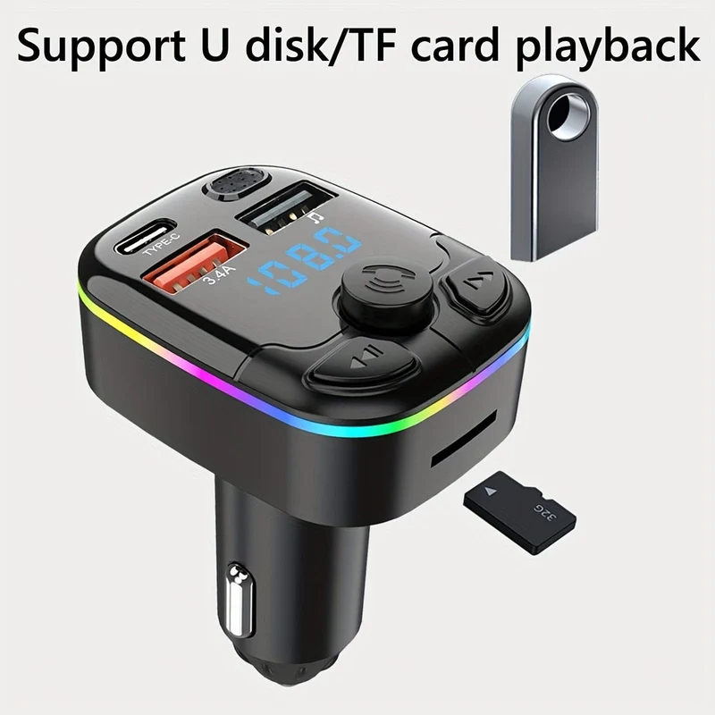 FM-Transmitter fürs Auto, unterstützt TF-Karte, U-Disk, MP3-Player, Dual-USB-Typ-C-Autoladegerät, Telefonladegerät, Freisprecheinrichtung im Auto