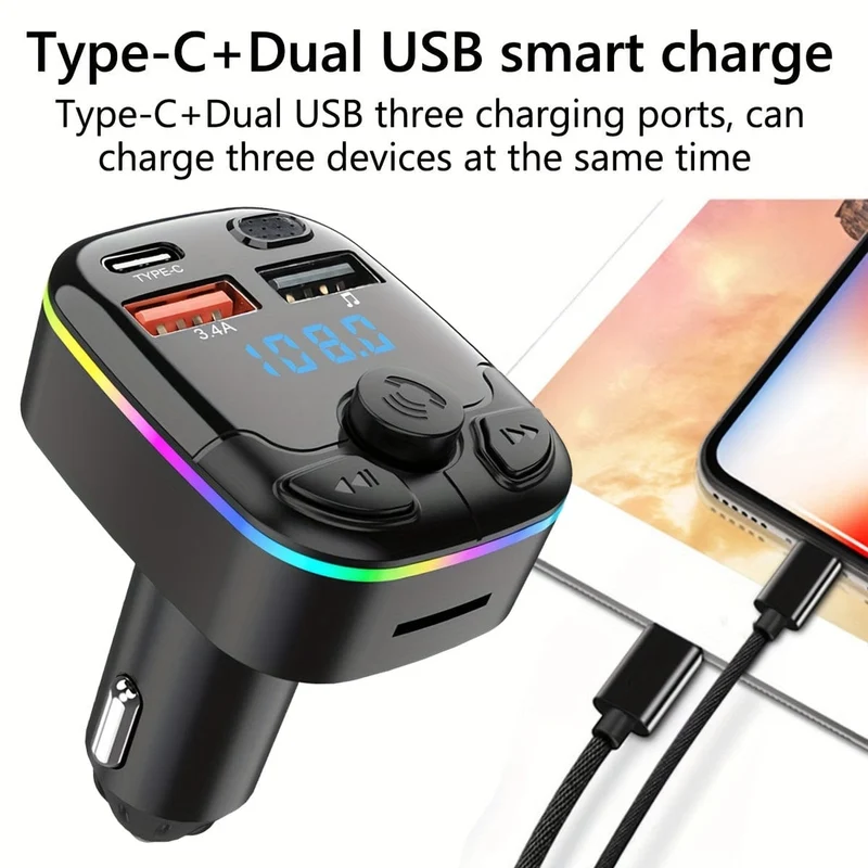 FM-Transmitter fürs Auto, unterstützt TF-Karte, U-Disk, MP3-Player, Dual-USB-Typ-C-Autoladegerät, Telefonladegerät, Freisprecheinrichtung im Auto