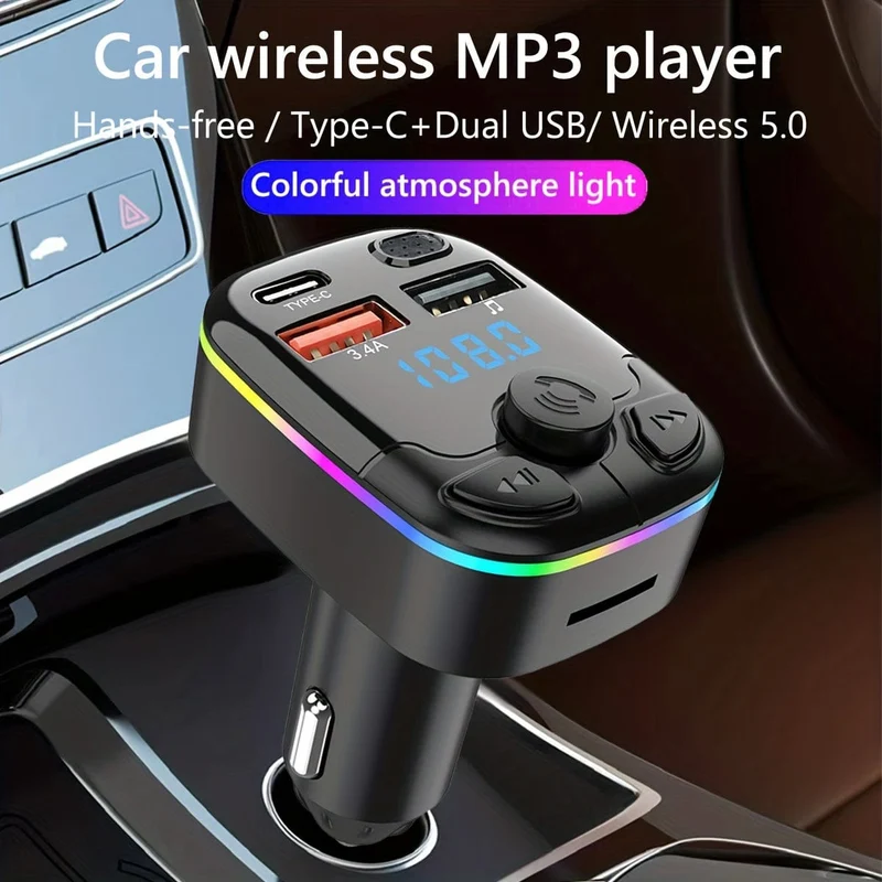 FM-Transmitter fürs Auto, unterstützt TF-Karte, U-Disk, MP3-Player, Dual-USB-Typ-C-Autoladegerät, Telefonladegerät, Freisprecheinrichtung im Auto