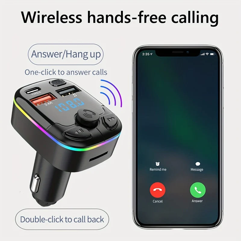 FM-Transmitter fürs Auto, unterstützt TF-Karte, U-Disk, MP3-Player, Dual-USB-Typ-C-Autoladegerät, Telefonladegerät, Freisprecheinrichtung im Auto