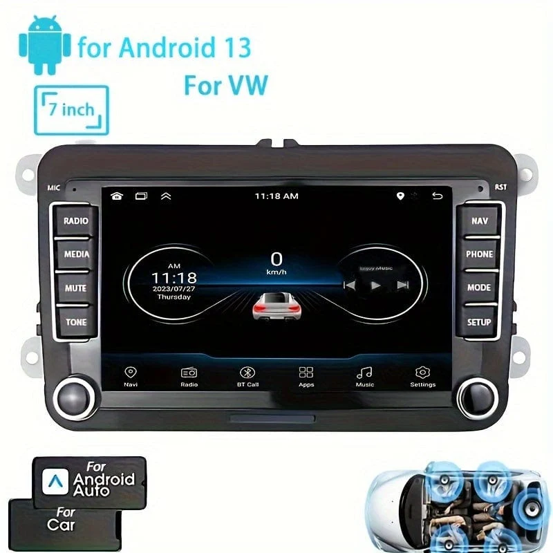 Für VW 7-Zoll Android 13 Autoradio GPS Autonavigation WiFi Touchscreen Autoradio mit schnurlosem Telefon WiFi Mirror Link FM RDS Radio