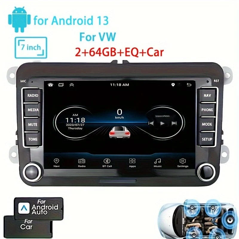 Für VW 7-Zoll Android 13 Autoradio GPS Autonavigation WiFi Touchscreen Autoradio mit schnurlosem Telefon WiFi Mirror Link FM RDS Radio