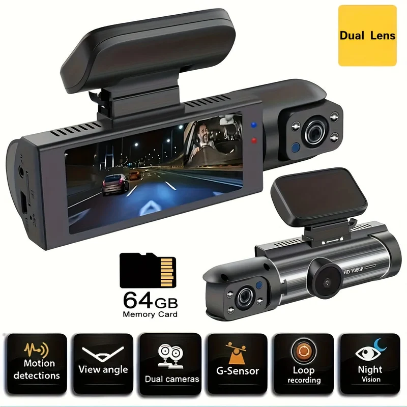 Kostenlose 64-GB-Karte, Dashcam für Autos, 1080P-Dualkamera, vorne und innen, 8.03 cm großer IPS-Bildschirm, High-Definition-Nachtsicht-Loop-Aufnahme, Weitwinkel