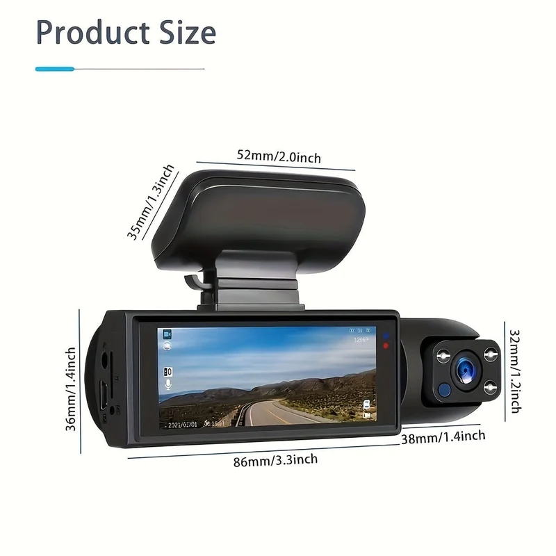 Kostenlose 64-GB-Karte, Dashcam für Autos, 1080P-Dualkamera, vorne und innen, 8.03 cm großer IPS-Bildschirm, High-Definition-Nachtsicht-Loop-Aufnahme, Weitwinkel