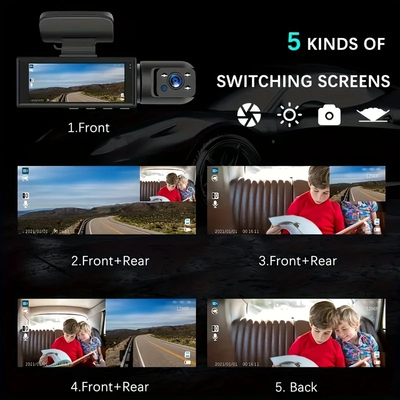 Kostenlose 64-GB-Karte, Dashcam für Autos, 1080P-Dualkamera, vorne und innen, 8.03 cm großer IPS-Bildschirm, High-Definition-Nachtsicht-Loop-Aufnahme, Weitwinkel