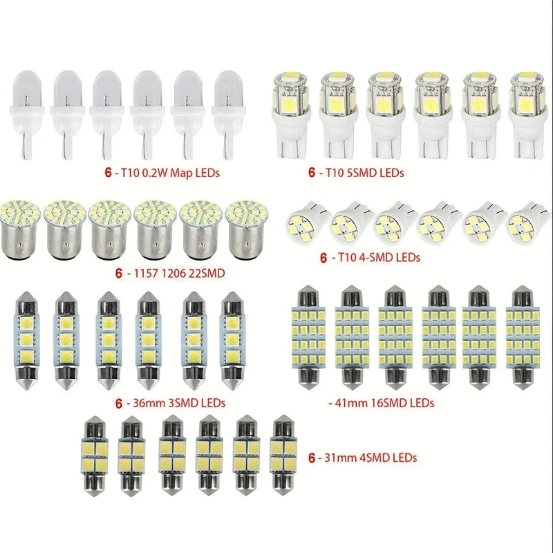 42 Stück Auto-Innenraum-Kombi-LED-Karte, Kuppel, Tür, Kofferraum, Kennzeichenbeleuchtung, W5W, 12 V, 2825 192 194 158 168 501 921 175 PC175 906 904 161, Xenon-Weiß