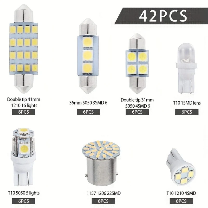 42 Stück Auto-Innenraum-Kombi-LED-Karte, Kuppel, Tür, Kofferraum, Kennzeichenbeleuchtung, W5W, 12 V, 2825 192 194 158 168 501 921 175 PC175 906 904 161, Xenon-Weiß