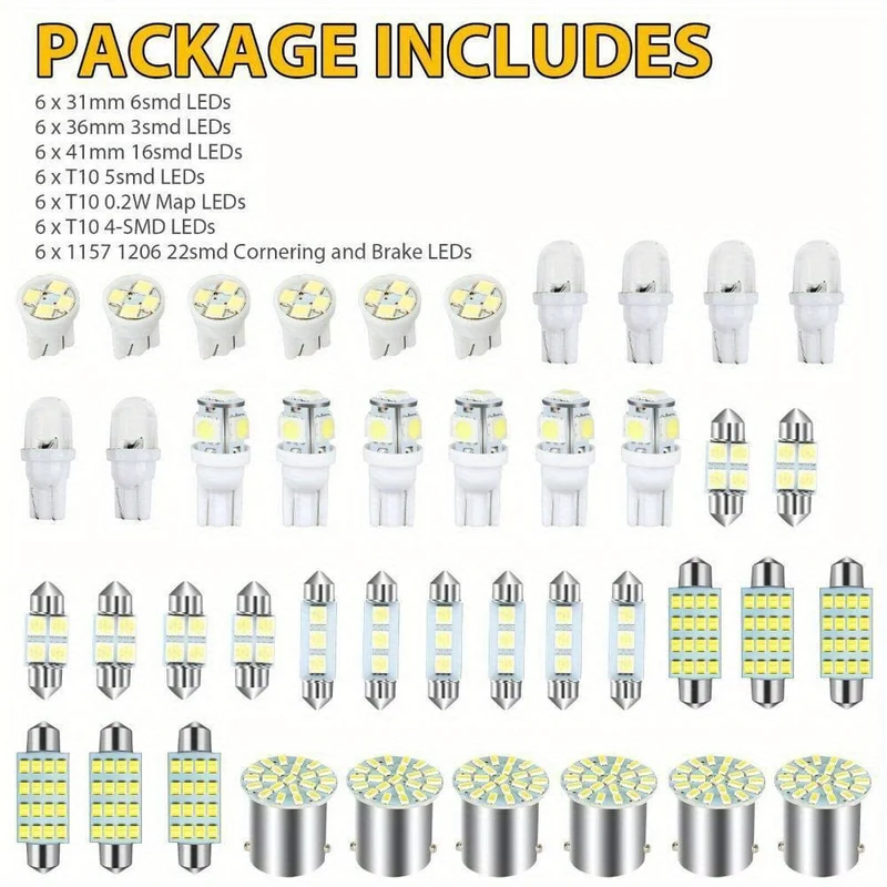 42 Stück Auto-Innenraum-Kombi-LED-Karte, Kuppel, Tür, Kofferraum, Kennzeichenbeleuchtung, W5W, 12 V, 2825 192 194 158 168 501 921 175 PC175 906 904 161, Xenon-Weiß