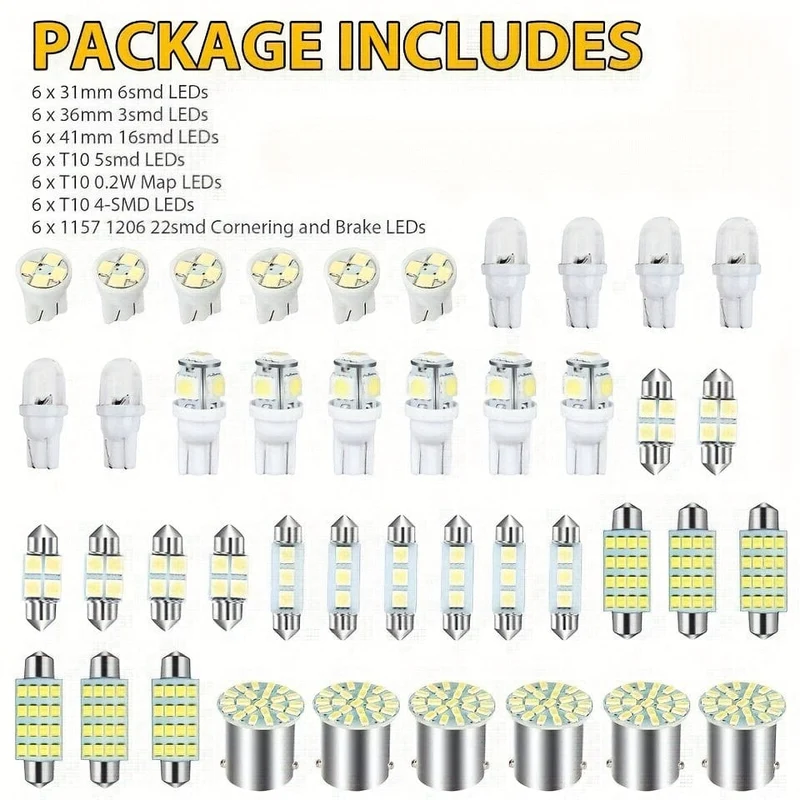42 Stück Auto-Innenraum-Kombi-LED-Karte, Kuppel, Tür, Kofferraum, Kennzeichenbeleuchtung, W5W, 12 V, 2825 192 194 158 168 501 921 175 PC175 906 904 161, Xenon-Weiß