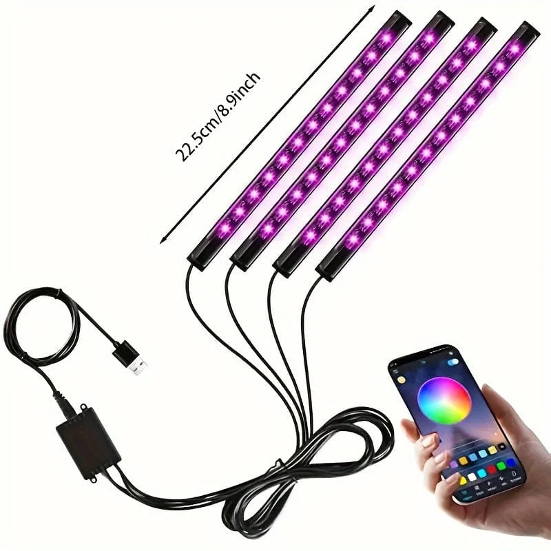 4 Stück LED-Autoleuchten, 48 LED-Innenleuchten mit intelligenter App-Fernbedienung, mehrfarbige Musik-Auto-Lichtleiste unter dem Armaturenbrett, Valentinstag-Dekoration