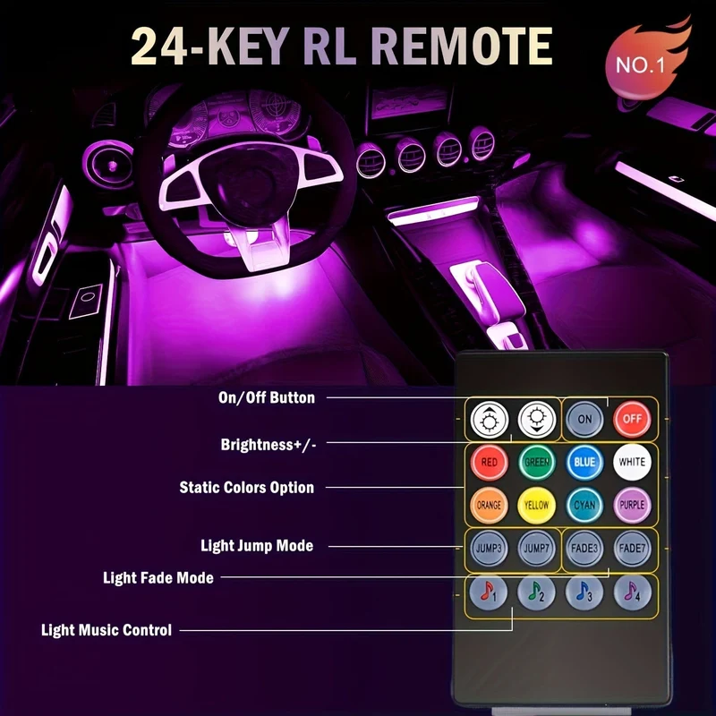 4 Stück LED-Autoleuchten, 48 LED-Innenleuchten mit intelligenter App-Fernbedienung, mehrfarbige Musik-Auto-Lichtleiste unter dem Armaturenbrett, Valentinstag-Dekoration