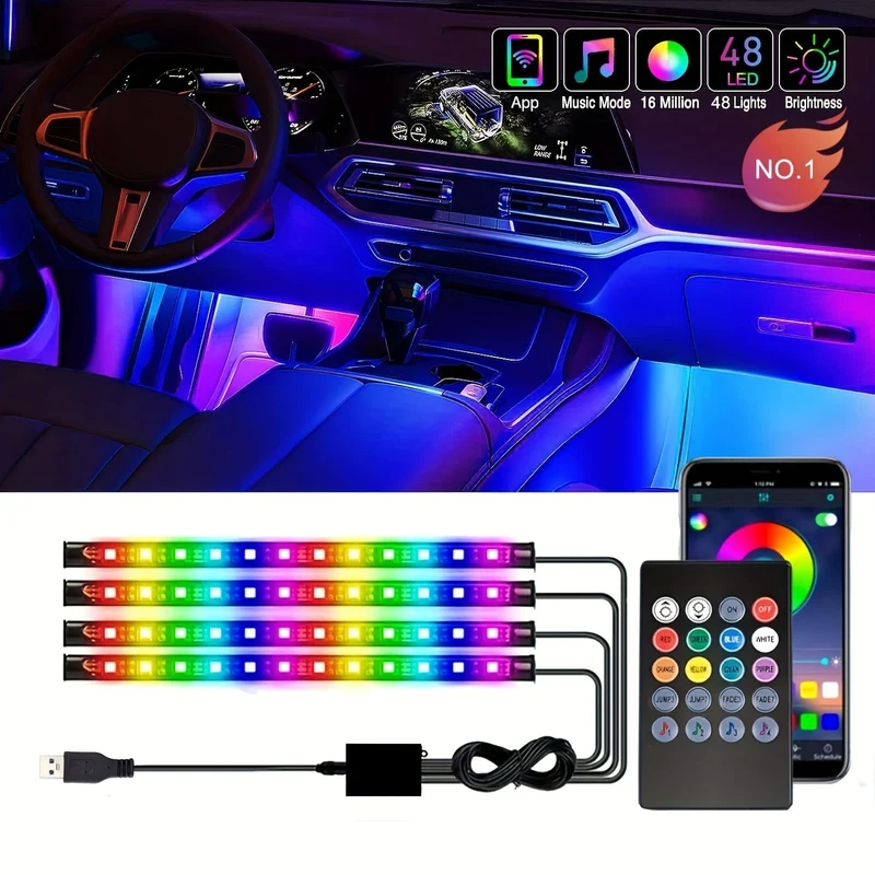4 Stück LED-Autoleuchten, 48 LED-Innenleuchten mit intelligenter App-Fernbedienung, mehrfarbige Musik-Auto-Lichtleiste unter dem Armaturenbrett, Valentinstag-Dekoration