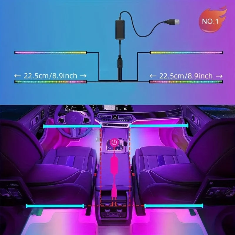 4 Stück LED-Autoleuchten, 48 LED-Innenleuchten mit intelligenter App-Fernbedienung, mehrfarbige Musik-Auto-Lichtleiste unter dem Armaturenbrett, Valentinstag-Dekoration