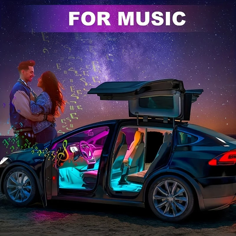 4 Stück LED-Autoleuchten, 48 LED-Innenleuchten mit intelligenter App-Fernbedienung, mehrfarbige Musik-Auto-Lichtleiste unter dem Armaturenbrett, Valentinstag-Dekoration