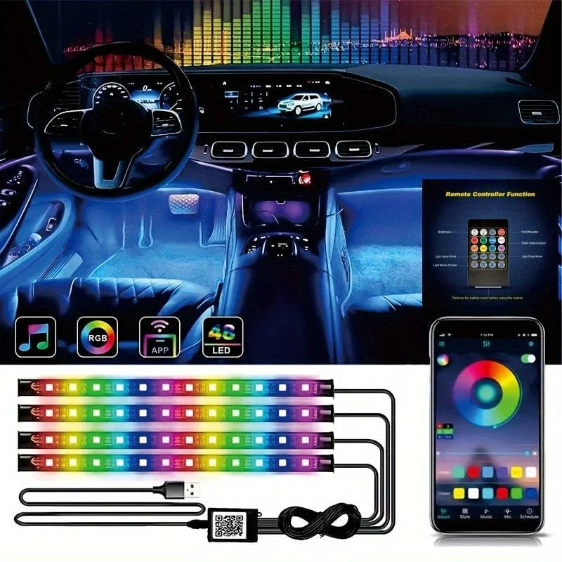4 Stück LED-Autoleuchten, 48 LED-Innenleuchten mit intelligenter App-Fernbedienung, mehrfarbige Musik-Auto-Lichtleiste unter dem Armaturenbrett, Valentinstag-Dekoration