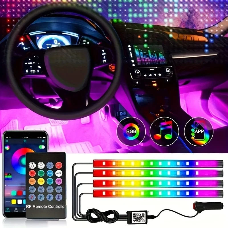 4 Stück LED-Autoleuchten, 48 LED-Innenleuchten mit intelligenter App-Fernbedienung, mehrfarbige Musik-Auto-Lichtleiste unter dem Armaturenbrett, Valentinstag-Dekoration