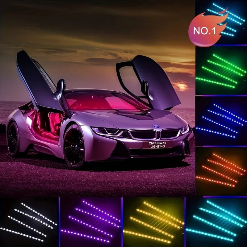 4 Stück LED-Autoleuchten, 48 LED-Innenleuchten mit intelligenter App-Fernbedienung, mehrfarbige Musik-Auto-Lichtleiste unter dem Armaturenbrett, Valentinstag-Dekoration