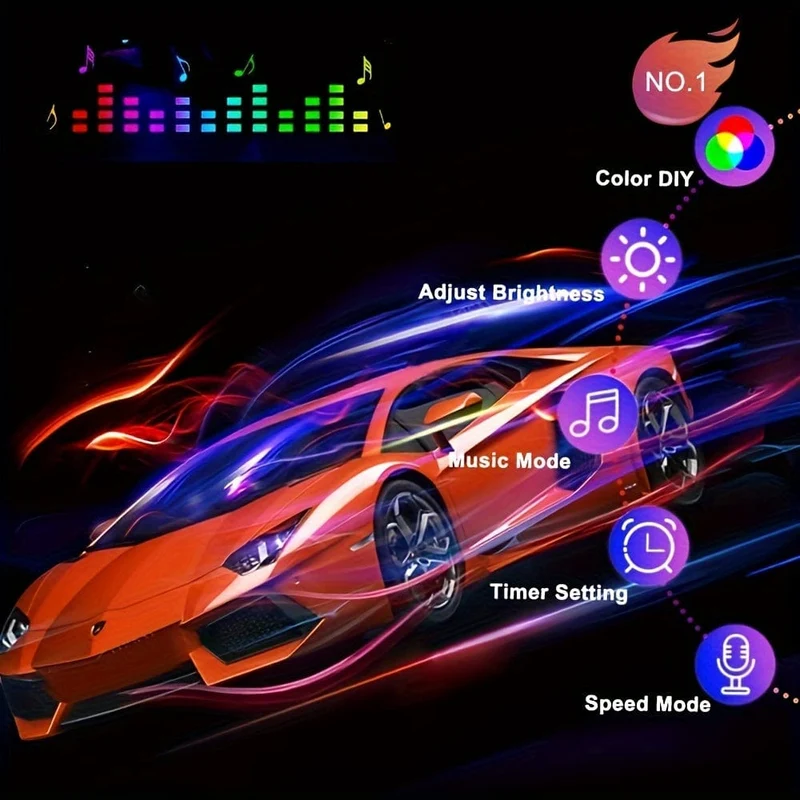 4 Stück LED-Autoleuchten, 48 LED-Innenleuchten mit intelligenter App-Fernbedienung, mehrfarbige Musik-Auto-Lichtleiste unter dem Armaturenbrett, Valentinstag-Dekoration