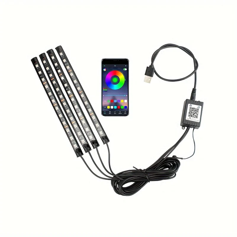 1 Stück Auto-Atmosphärenlicht, kabelloses RGB-Fußlicht mit Fernbedienung, 48 LED-APP-einstellbares Farbatmosphärenlicht, 4-in-1-Musiklicht