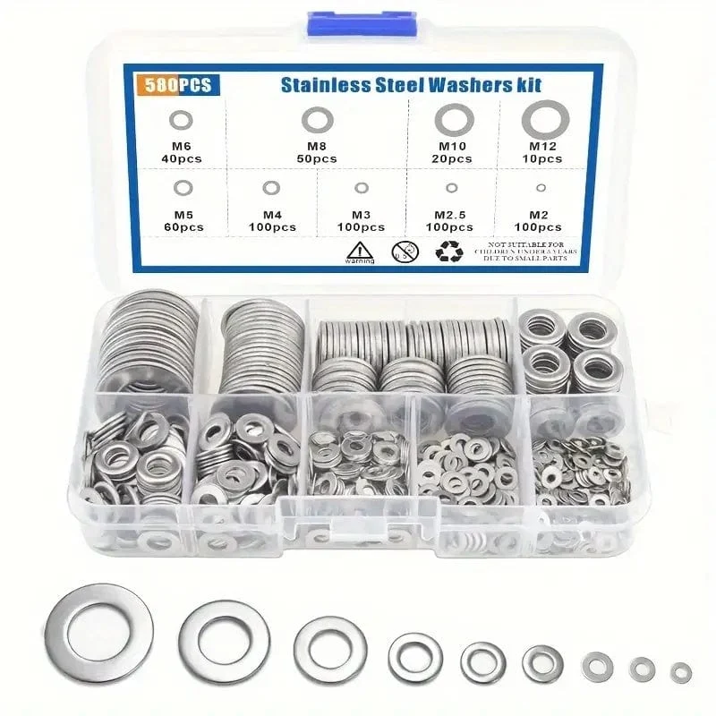 80–580 Stück 304 Edelstahl-Unterlegscheiben, für Schrauben, Bolzen, Kotflügel-Unterlegscheiben-Sortiment-Set, Sicherungs-Metall-Unterlegscheiben-Set (M2 M2.5 M3 M4 M5 M6 M8 M10)