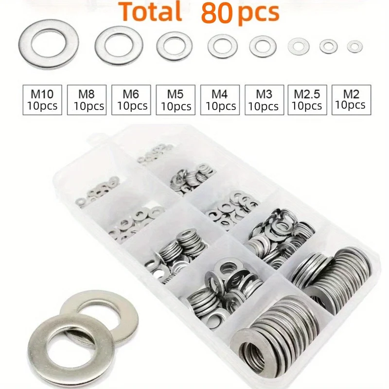 80–580 Stück 304 Edelstahl-Unterlegscheiben, für Schrauben, Bolzen, Kotflügel-Unterlegscheiben-Sortiment-Set, Sicherungs-Metall-Unterlegscheiben-Set (M2 M2.5 M3 M4 M5 M6 M8 M10)
