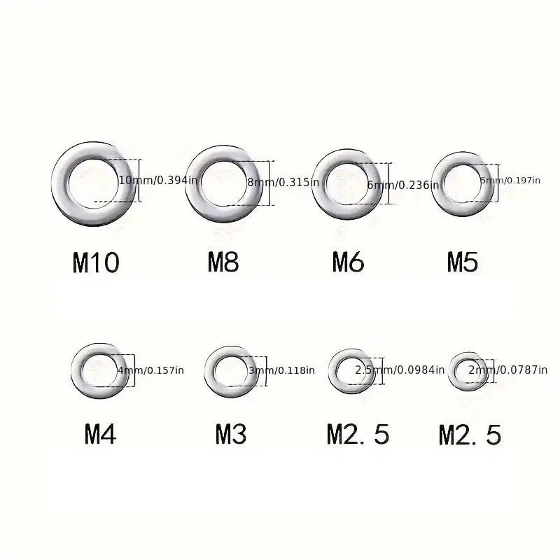 80–580 Stück 304 Edelstahl-Unterlegscheiben, für Schrauben, Bolzen, Kotflügel-Unterlegscheiben-Sortiment-Set, Sicherungs-Metall-Unterlegscheiben-Set (M2 M2.5 M3 M4 M5 M6 M8 M10)
