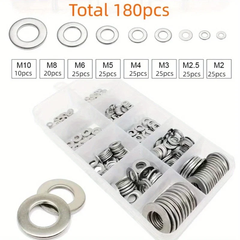 80–580 Stück 304 Edelstahl-Unterlegscheiben, für Schrauben, Bolzen, Kotflügel-Unterlegscheiben-Sortiment-Set, Sicherungs-Metall-Unterlegscheiben-Set (M2 M2.5 M3 M4 M5 M6 M8 M10)