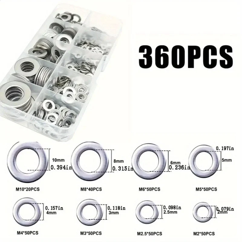 80–580 Stück 304 Edelstahl-Unterlegscheiben, für Schrauben, Bolzen, Kotflügel-Unterlegscheiben-Sortiment-Set, Sicherungs-Metall-Unterlegscheiben-Set (M2 M2.5 M3 M4 M5 M6 M8 M10)