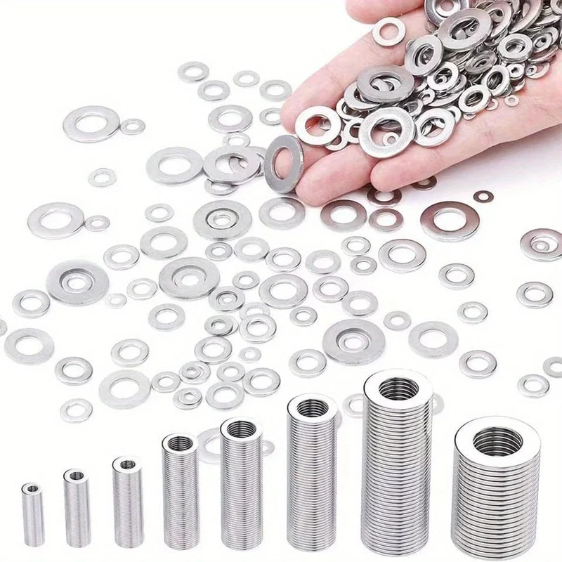 80–580 Stück 304 Edelstahl-Unterlegscheiben, für Schrauben, Bolzen, Kotflügel-Unterlegscheiben-Sortiment-Set, Sicherungs-Metall-Unterlegscheiben-Set (M2 M2.5 M3 M4 M5 M6 M8 M10)